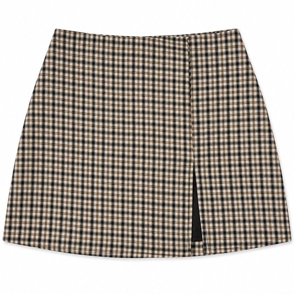 HyFve Brown Black Plaid Mini Skirt Side Slit A-Line Size S